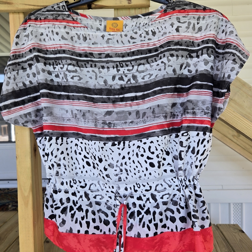 Ruby Rd: Women's Striped and Leopard Print Top - Red, Black, and White